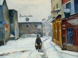 tableau représentant un homme à moto roulant dans une rue enneigée