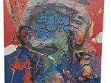 peinture abstraite représentant le visage d'une femme, dans des tons de rouge, de bleu et de vert