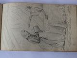 an old book with a drawing of a man and a dog