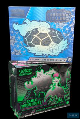 un gros plan sur une boîte de cartes à collectionner Pokémon sur fond noir