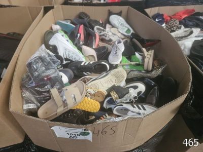 plusieurs paires de chaussures dans une boîte en carton posée sur le sol