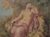 an old painting of a woman sitting on a rock in a wooded area