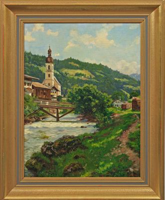 an oil painting of a village by a river with a bridge