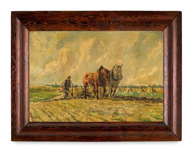 tableau représentant deux chevaux tirant une charrue dans un champ