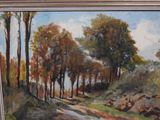a painting of a dirt road with trees in the background