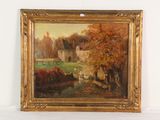 une peinture à l'huile représentant un paysage avec une maison à l'arrière-plan