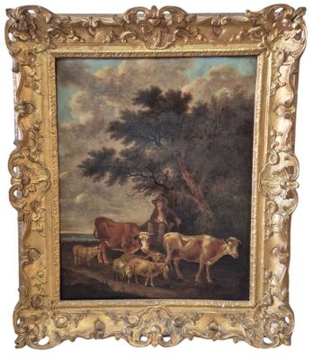 une image représentant un tableau où l'on voit des vaches et des moutons dans un paysage