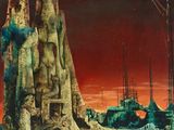 une image représentant un tableau d'une ville futuriste avec un ciel rouge