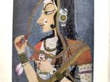 painting of a woman holding a flower in her right hand and a mirror in her left hand