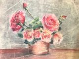 a painting of roses in a vase on a table