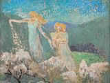 painting of three women in a field with a sky background