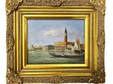 une peinture à l'huile représentant une vue de ville avec une tour horloge en arrière-plan