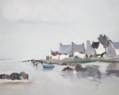 a painting of a boat on a body of water