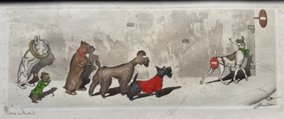 tableau représentant un groupe de chiens marchant dans une rue, près d'un immeuble