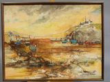 a painting of a painting of boats in the water