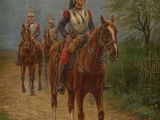 painting of a group of men riding horses down a dirt road