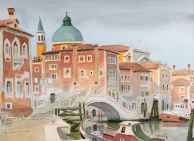 a watercolor painting of a canal with boats in it