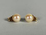 a pair of pearl earrings on a white surface