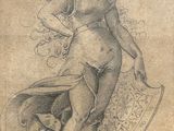 un dessin représentant une femme nue tenant un bouclier et un bouclier