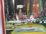 painting of a yellow taxi cab in a city at night