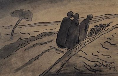 drawing of three people in a field with a tree in the background