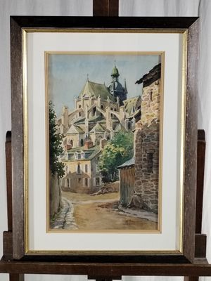 peinture d'une scène de rue avec une église en arrière-plan