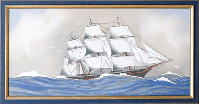 tableau représentant un voilier en mer par temps nuageux