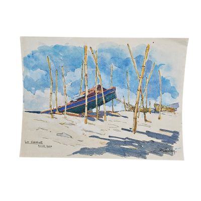 une aquarelle représentant un bateau sur la plage