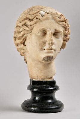marble head of a woman with curly hair on a black pedestal