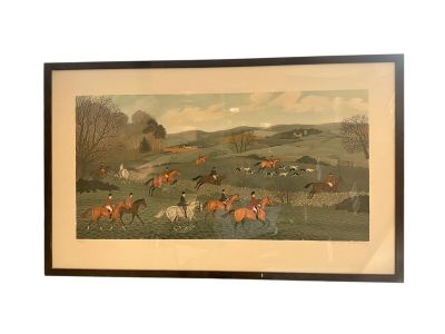 painting of a group of people riding horses in a field