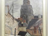 an image of a painting of a church tower in a village