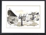 painting of a village scene with a tree in the foreground