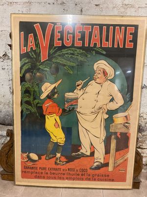 affiche française vintage représentant un chef et un garçon en train de cuisiner des légumes