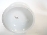 a close up of a white bowl with a brown line on it