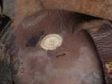 a close up view of a leather hat with a label on it