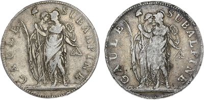 une pièce d'argent portant l'image d'une femme et d'un homme