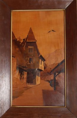 tableau représentant une maison survolée par un oiseau, dans un cadre en bois
