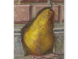 painting of a pear sitting on a table with a brick wall in the background