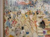 a painting of a crowd of people walking down the street