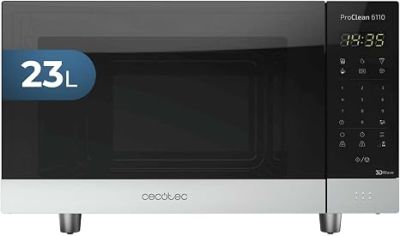 une image représentant un four à micro-ondes dont la porte est ouverte et sur lequel figure une horloge