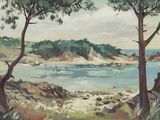 une image représentant un tableau représentant une scène de plage avec des arbres