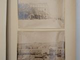 an open book with two pictures of a building and a boat
