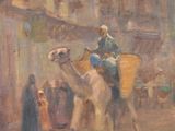 a painting of a man riding a camel down the street