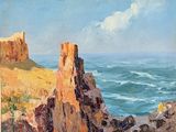 une peinture à l'huile représentant une falaise rocheuse au bord de l'océan par une journée ensoleillée