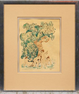 une image représentant un tableau où l'on voit un chien et un homme sous un arbre