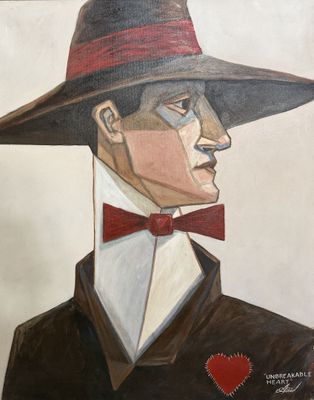 painting of a man wearing a hat and a bow tie