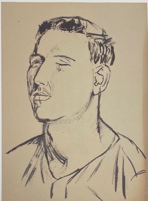 dessin représentant un homme les yeux fermés, sur une image en noir et blanc