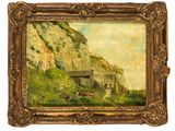 un tableau représentant un paysage de montagne avec une maison sur une colline