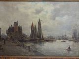 an image of a painting of a harbor scene with boats