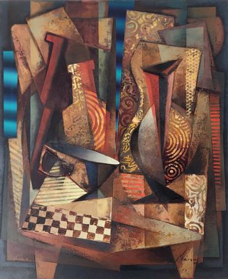 tableau représentant une nature morte avec un vase et un couteau posés sur une table